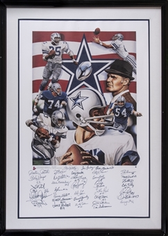 Dallas Cowboys Hall of Famers and Stars Signed 35 Signature Over-sized 30x43" Framed Litho Including Tom Landry, Staubach, Dorsett, and Bob Lilly (JSA)  